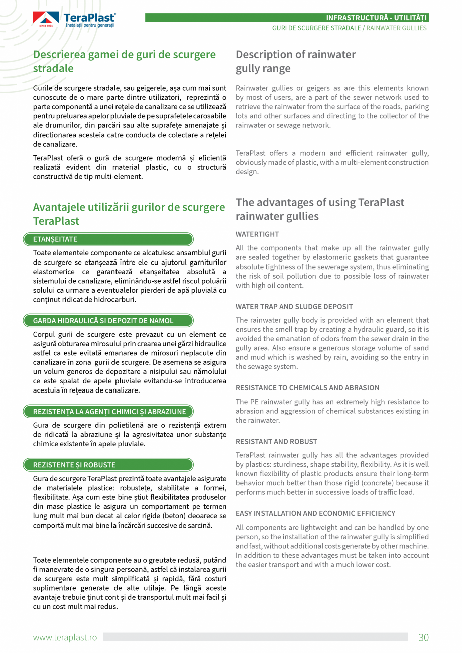 Pagina 2-Guri de scurgere stradale TeraPlast Specificații tehnice Romana, Engleza o structură
constructivă...