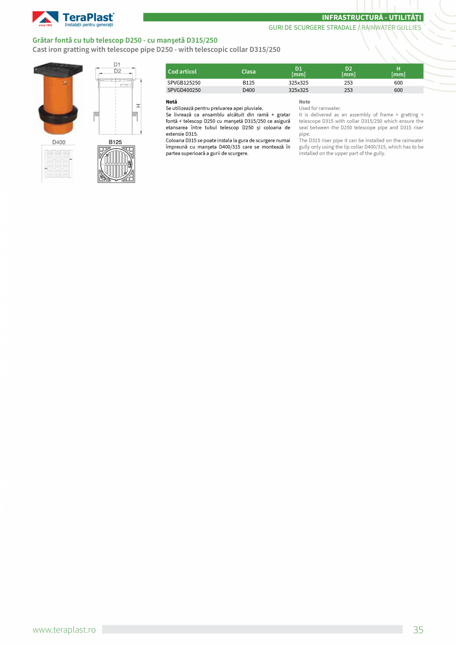 Pagina 7-Guri de scurgere stradale TeraPlast Specificații tehnice Romana, Engleza ă de etanșare, astfel...