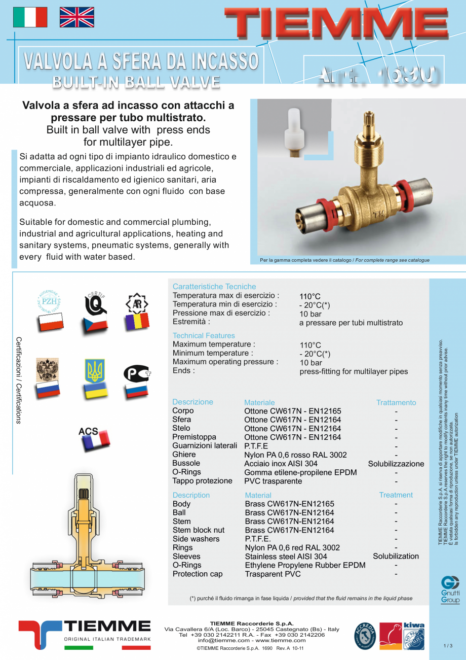 Pagina 1-Robinet cu sfera de incastrat TIEMME 1690 Fisa tehnica Italiana VALVOLA A SFERA DA INCASSO

Art....