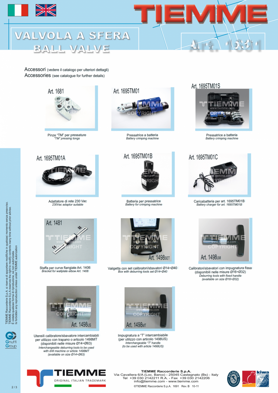 Pagina 2- Robinet cu sfera cu maneta tip fluture TIEMME 1691 Fisa tehnica Italiana tivo al tubo multistrato)
...