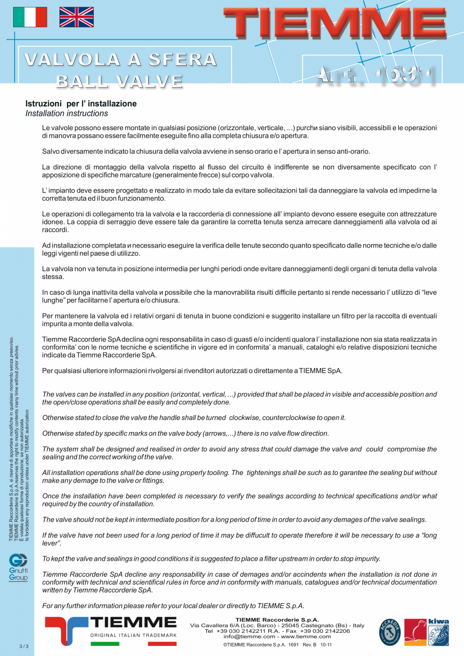 Pagina 3- Robinet cu sfera cu maneta tip fluture TIEMME 1691 Fisa tehnica Italiana N-EN12165 brass...