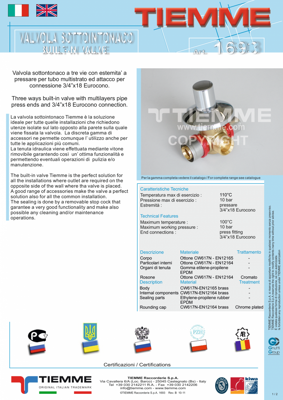 Pagina 1-Robinet cu 3 cai – versiunea de incastrat TIEMME 1693 Fisa tehnica Italiana VALVOLA...