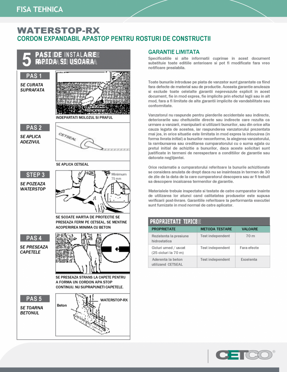 Pagina 3-Benzi de impermeabilizare INOVECO WATERSTOP-RX Fisa tehnica Romana a
minima la compresiune de 20...
