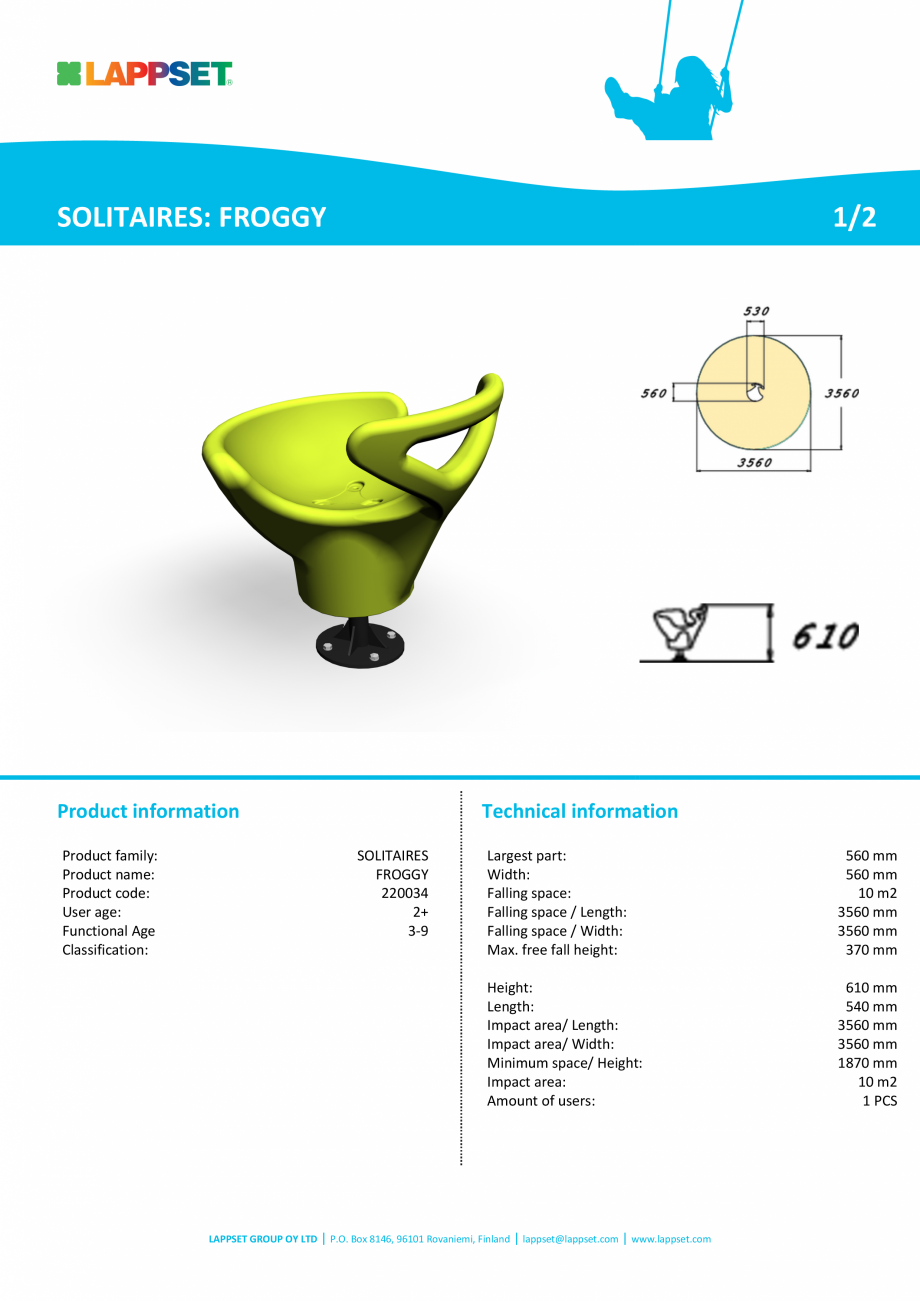 Pagina 1-Echipament de joaca pentru copii FROGGY 220034 LAPPSET CLOXX Fisa tehnica Engleza SOLITAIRES: FROGGY...