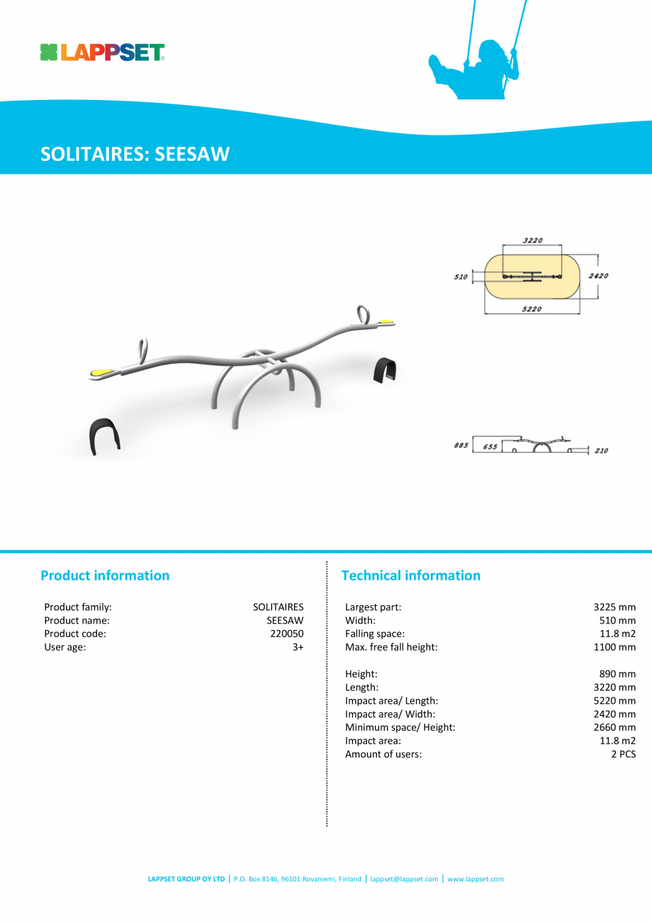 Pagina 1-Balansoar cu arc, 2 locuri SEESAW 220050  LAPPSET CLOXX Fisa tehnica Engleza SOLITAIRES: SEESAW
...