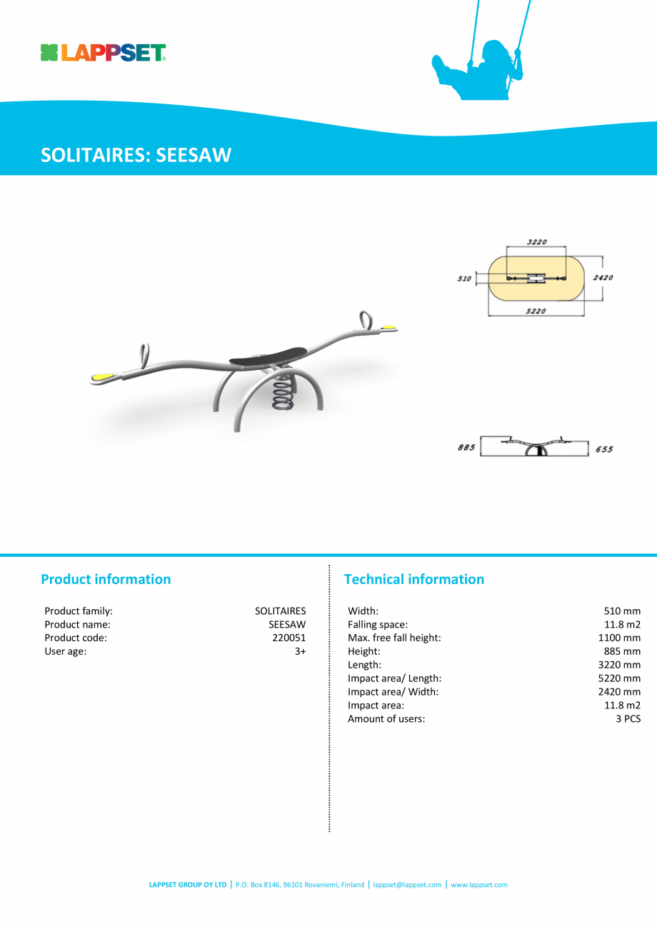 Pagina 1-Balansoar cu arc, 2 locuri SEESAW 220051 LAPPSET CLOXX Fisa tehnica Engleza SOLITAIRES: SEESAW
...