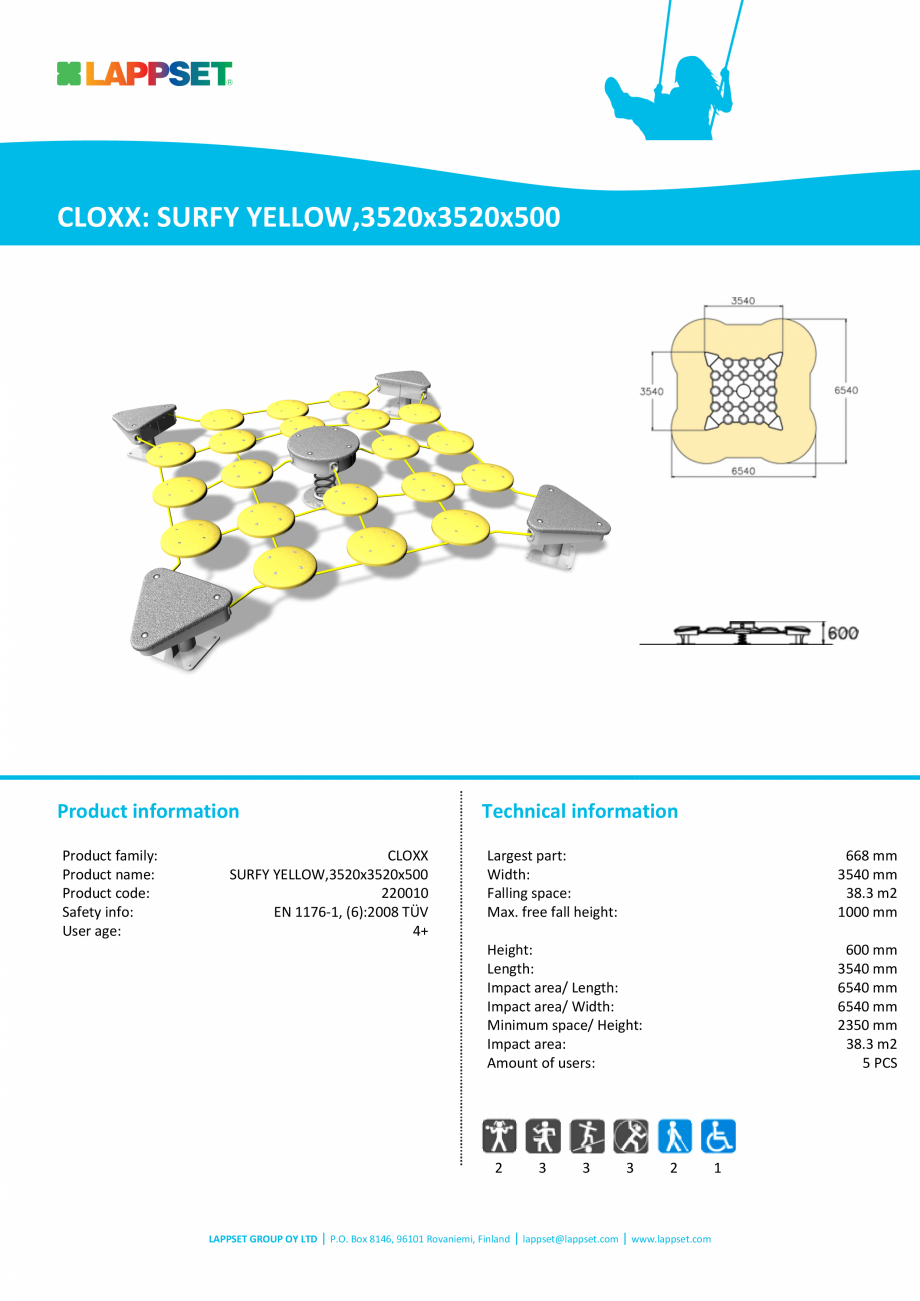Pagina 1-Echipament pentru echilibru SURFY YELLOW,3520x3520x500 - 220010 LAPPSET CLOXX Fisa tehnica Engleza...