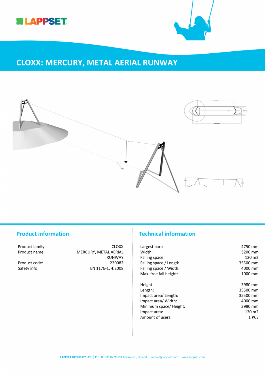 Pagina 1-Echipament cu tiroliana MERCURY, METAL AERIAL RUNWAY 220082 LAPPSET CLOXX Fisa tehnica Engleza...