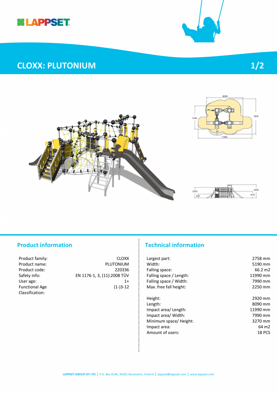 Pagina 1 - Echipament de catarat cu tobogan PLUTONIUM 220336 LAPPSET CLOXX Fisa tehnica Engleza...