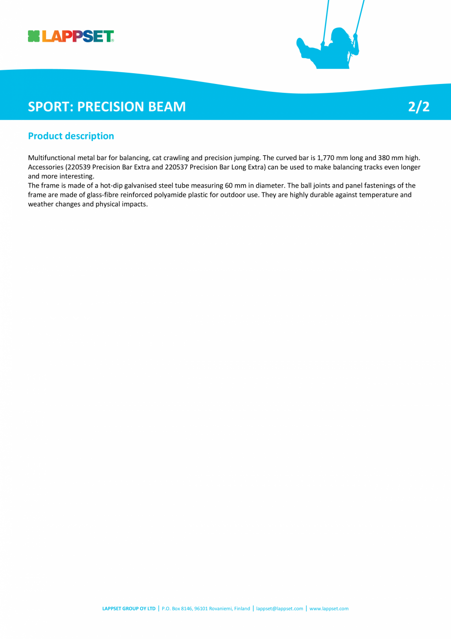 Pagina 2-Echipament de joaca pentru copii PRECISION BEAM 220541 LAPPSET CLOXX Fisa tehnica Engleza  made of...