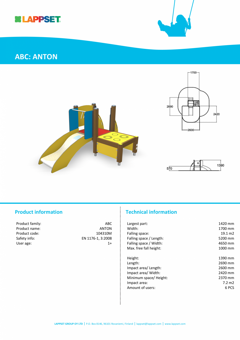 Pagina 1-Echipament de joaca pentru copii sub 4 ani ANTON 104310M  LAPPSET FINNO ABC Fisa tehnica Engleza...
