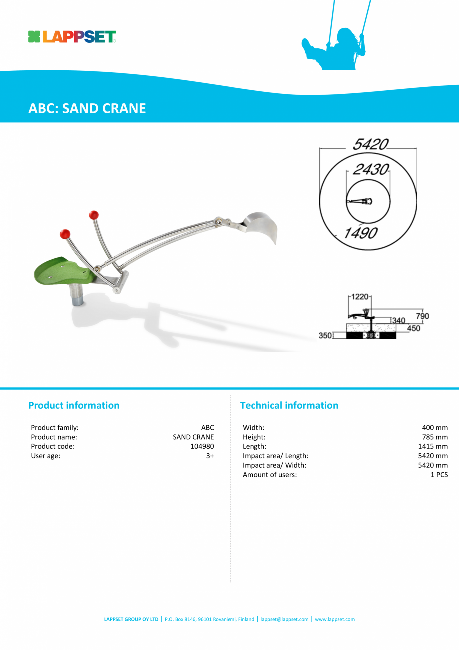 Pagina 1-Echipament de joaca pentru copii sub 4 ani SAND CRANE 104980 LAPPSET FINNO ABC Fisa tehnica Engleza ...
