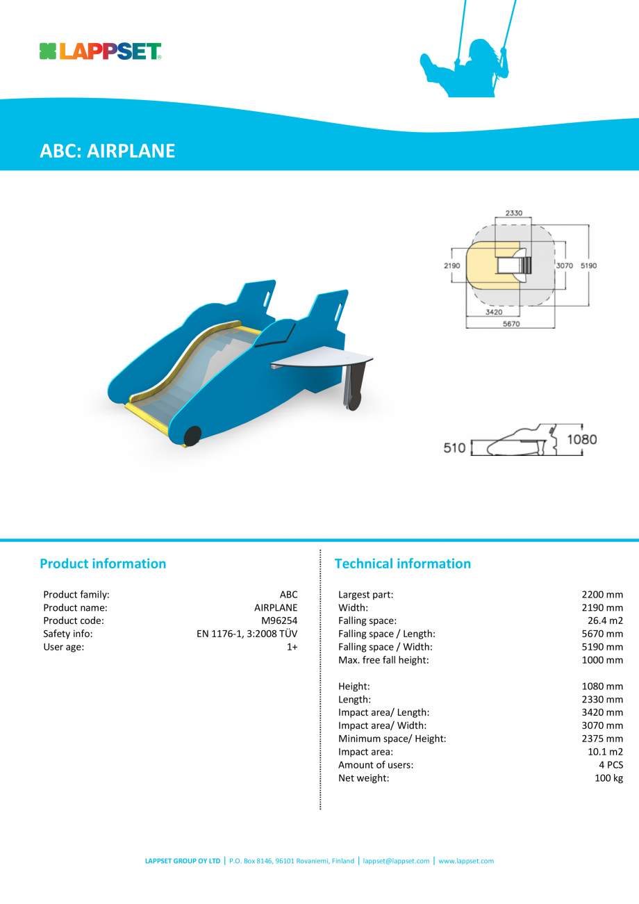 Pagina 1-Echipament de joaca pentru copii sub 4 ani Avion M96254 LAPPSET FINNO ABC Fisa tehnica Engleza ABC: ...