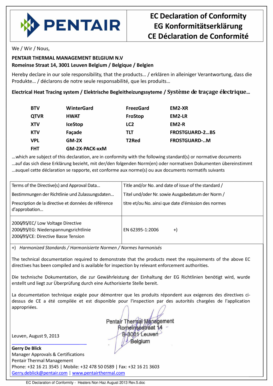 Pagina 1-Declaratie de conformitate RAYCHEM FroStop, FrostGuard Certificare produs Engleza EC Declaration of ...