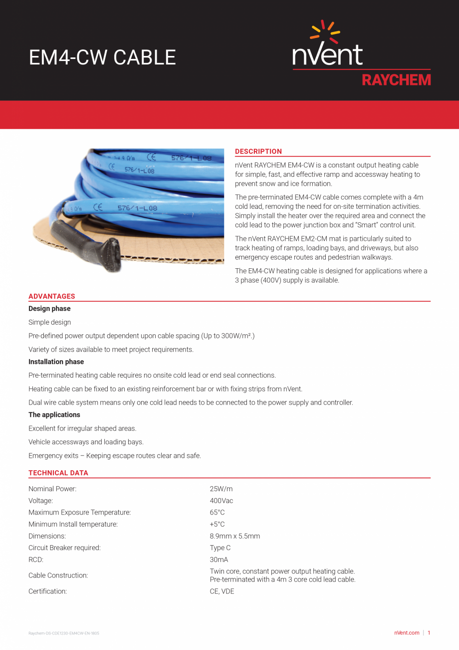 Pagina 1-Cablu de incalzire impotriva inghetului pentru trepte, terase sau rampe de acces auto RAYCHEM EM4-CW...