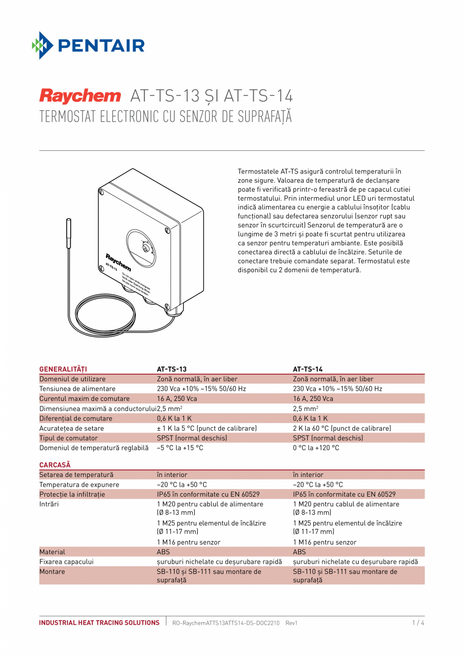 Pagina 1-Termostat electronic cu senzor de suprafaţă AT-TS RAYCHEM Fisa tehnica Romana AT-TS-13 şi...