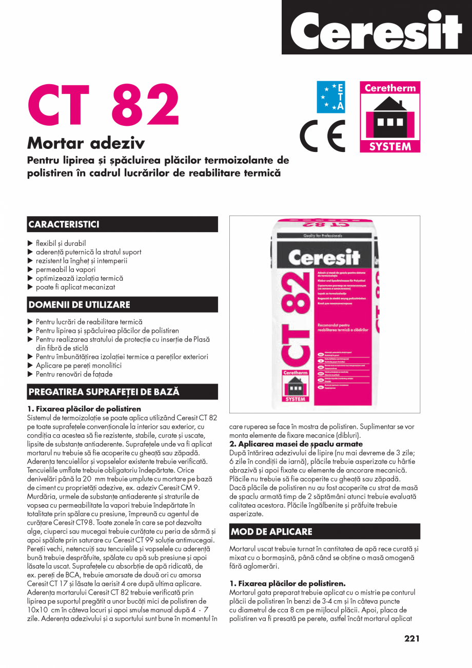 Pagina 1-Mortar adeziv pentru lipirea si spacluirea placilor termoizolante de polistiren CERESIT CT 82 Fisa...
