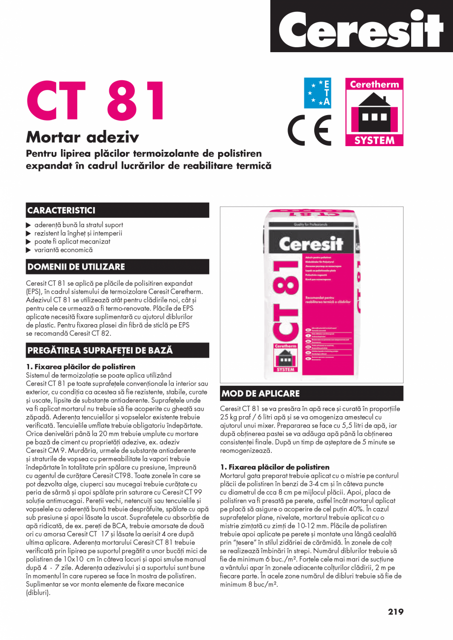 Pagina 1-Mortar adeziv pentru lipirea placilor termoizolante de polistiren expandat CERESIT CT 81 Fisa...