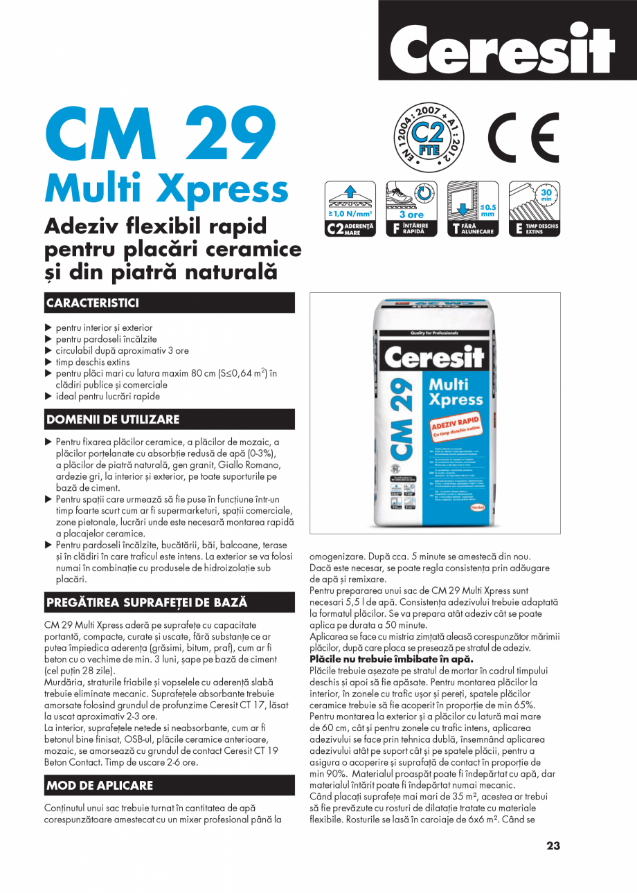Pagina 1-Adeziv flexibil rapid pentru placari ceramice si din piatra naturala CERESIT CM 29 Fisa tehnica...