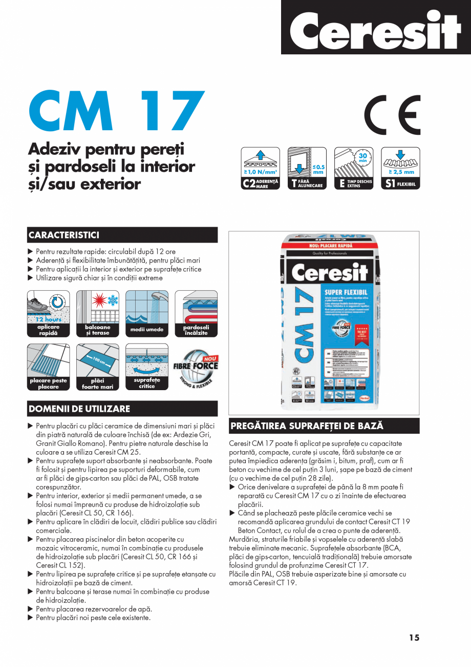 Pagina 1-Adeziv pentru pereti si pardoseli la interior si / sau exterior CERESIT CM 17 Fisa tehnica Romana CM...