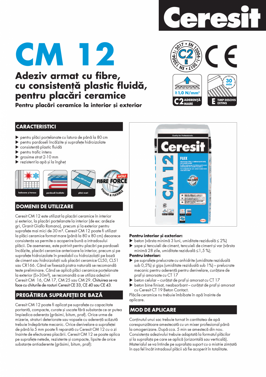 Pagina 1-Adeziv armat cu fibre, cu consistenta plastic fluida, pentru placari ceramice CERESIT CM 12 Fisa...