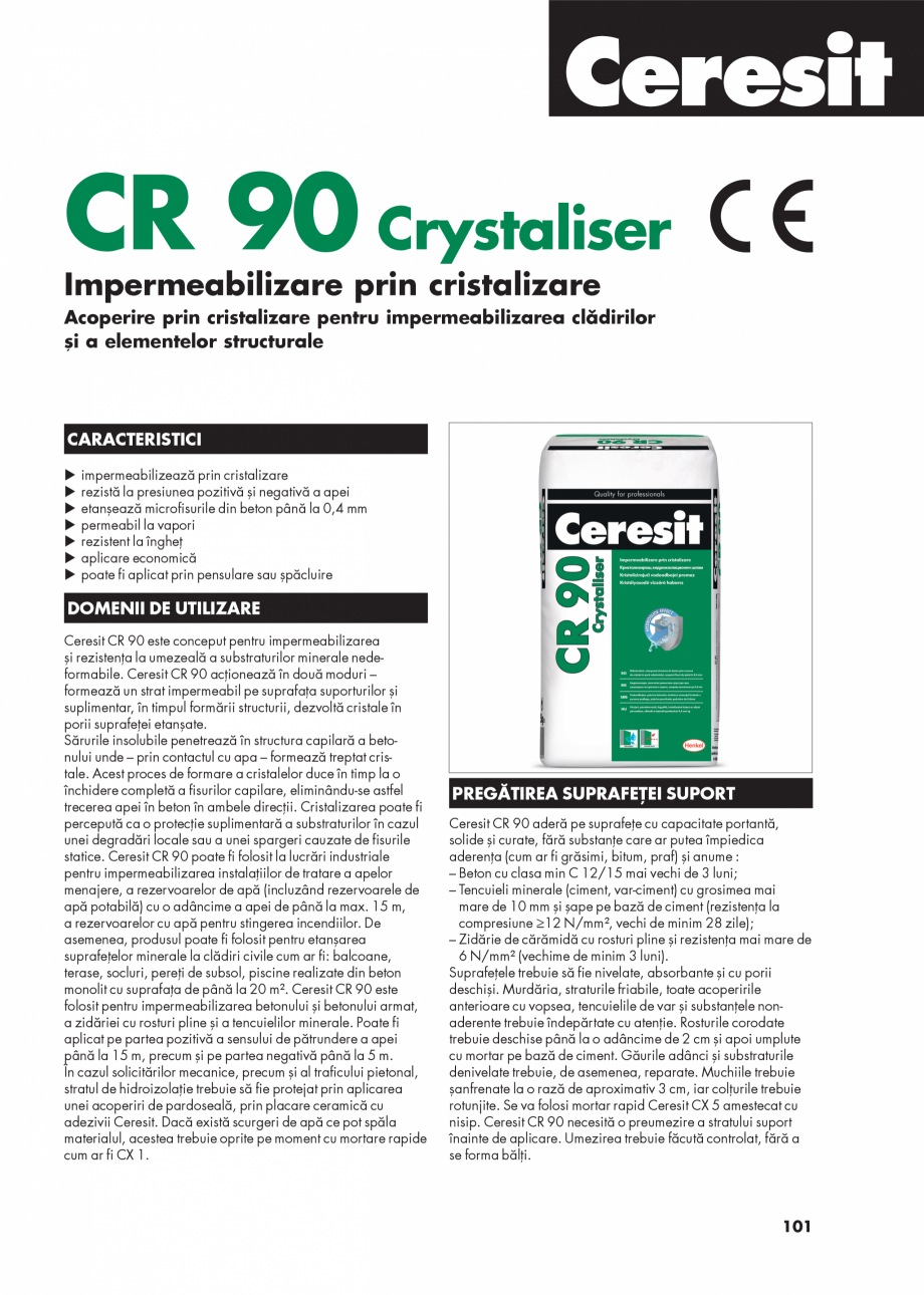 Impermeabilizare prin cristalizare CERESIT CR 90 Fisa tehnica Romana