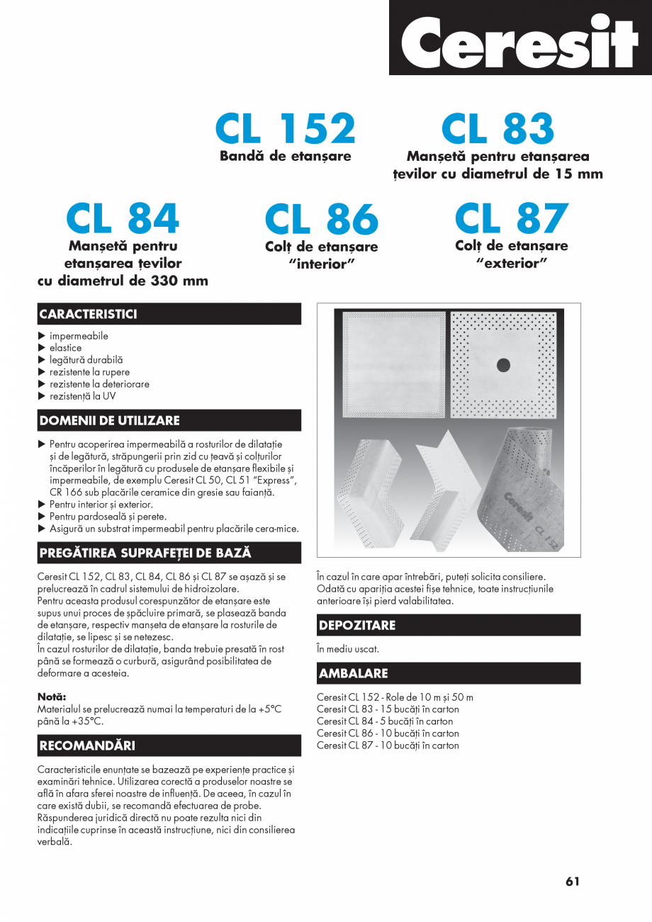 Pagina 1-Banda de etansare pentru rosturi, colturi sau strapunderi ale zidului cu teava CERESIT CL 152 Fisa...