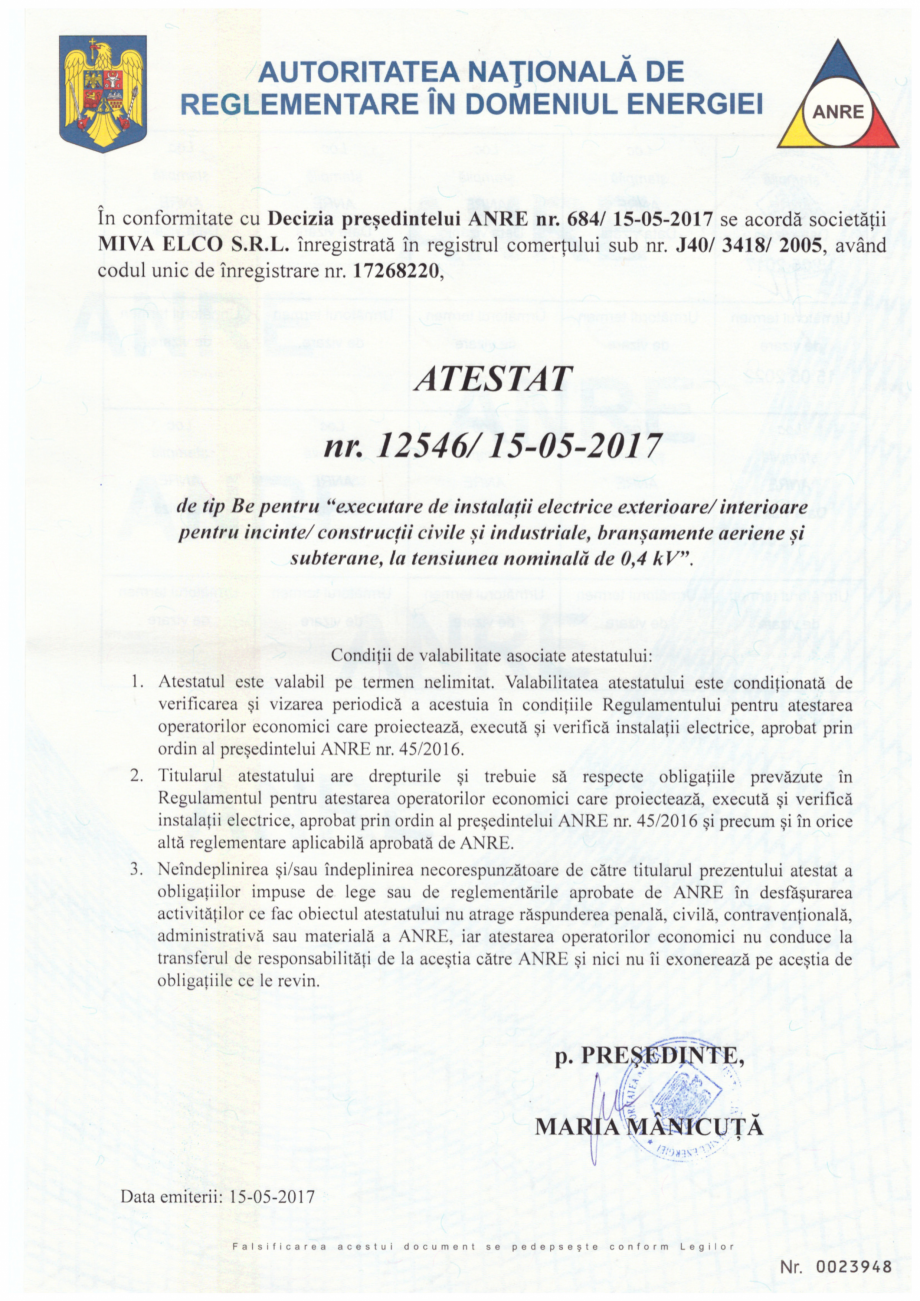 Pagina 1 - Atestat ANRE tip BE  Certificare produs Romana 