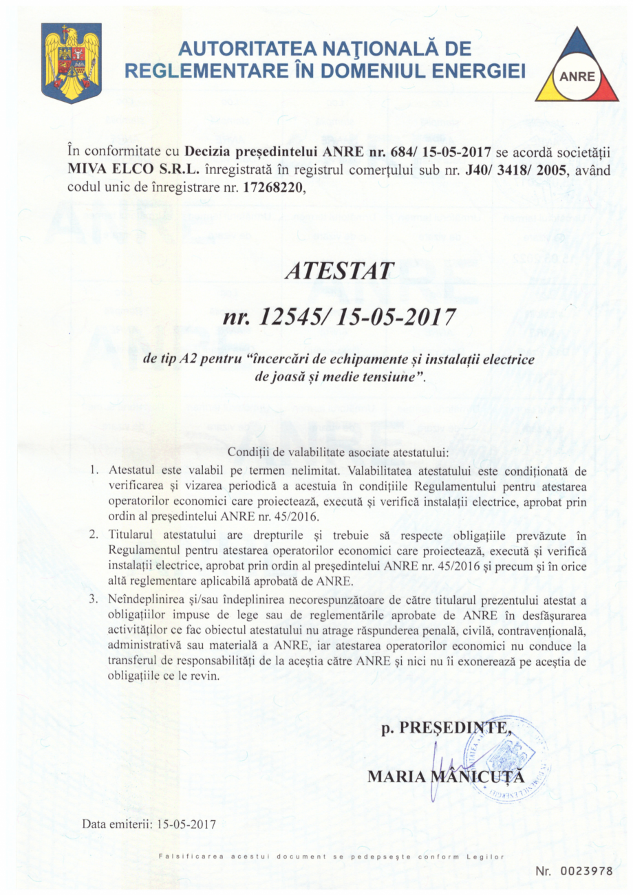 Pagina 1 - Atestat ANRE tip A2  Certificare produs Romana 