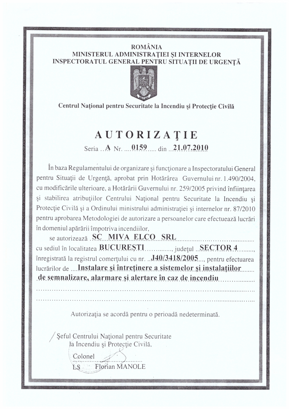 Pagina 1-Autorizatie IGSU MIVA ELCO  Certificare produs Romana 