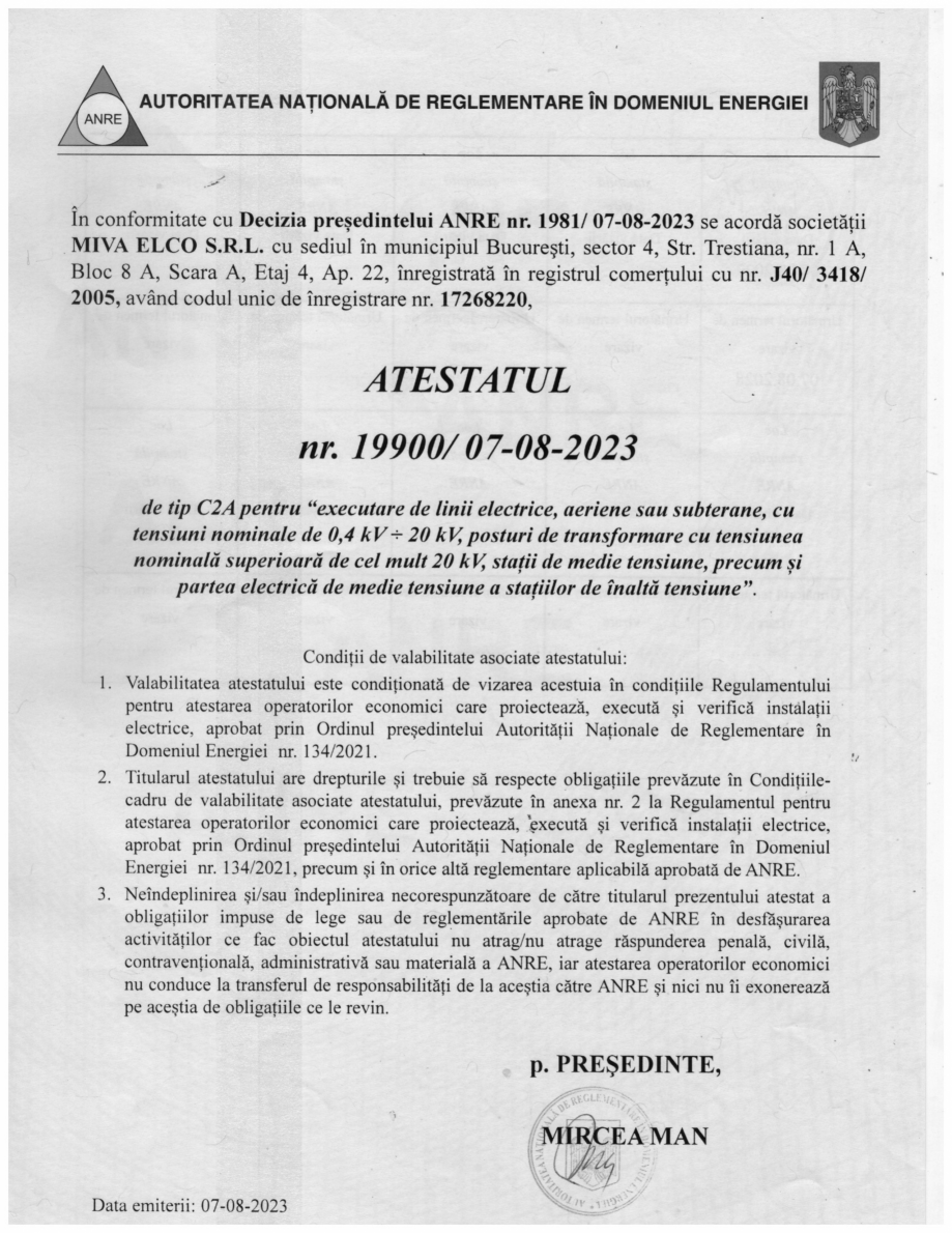 Pagina 1 - Atestat ANRE tip C2A  Certificare produs Romana 
