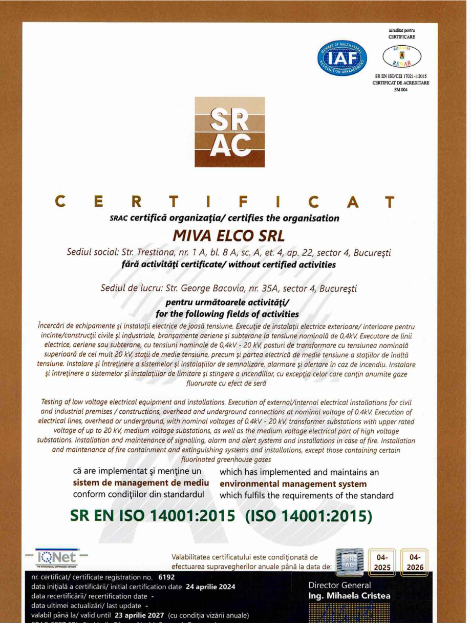 Pagina 1 - Certificat SRAC ISO 14001  Certificare produs Romana 