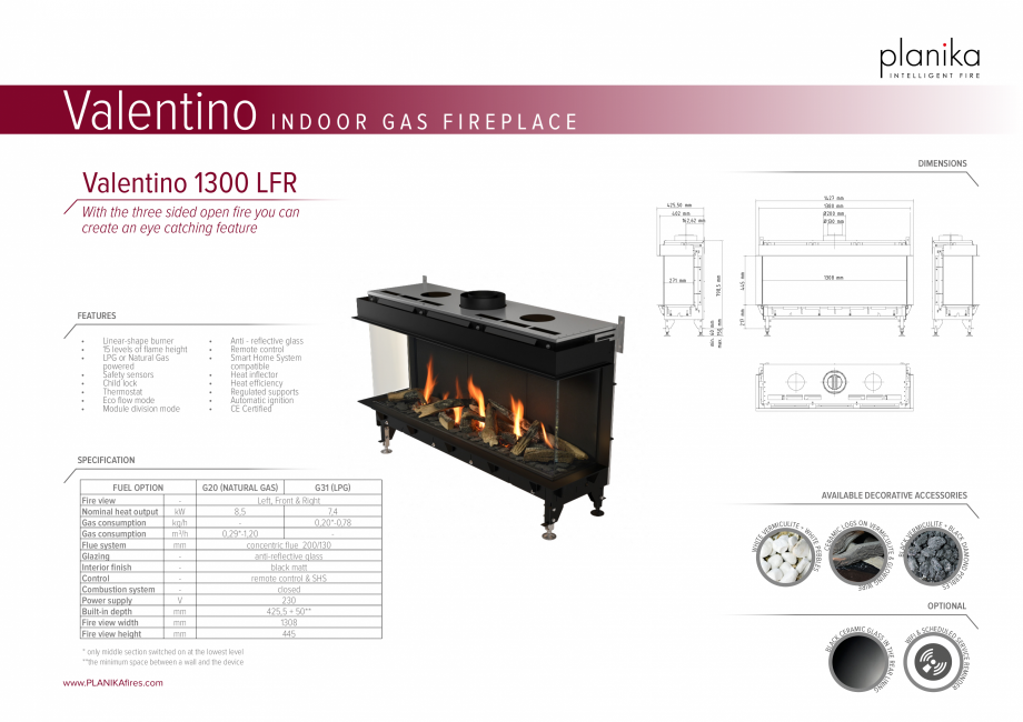Pagina 1-Semineu traditional cu modul Eco Flo1300LFR PLANIKA Valentino FR Fisa tehnica Engleza INDOOR GAS...