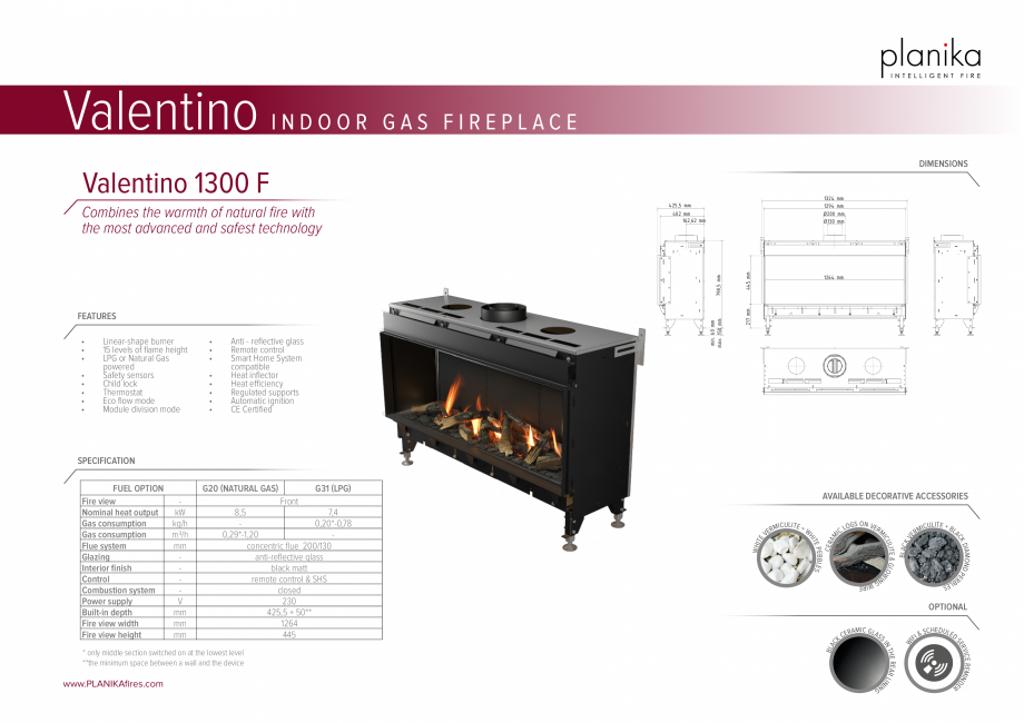 Pagina 1-Semineu traditional cu modul Eco Flo1300F PLANIKA Valentino FR Fisa tehnica Engleza INDOOR GAS...
