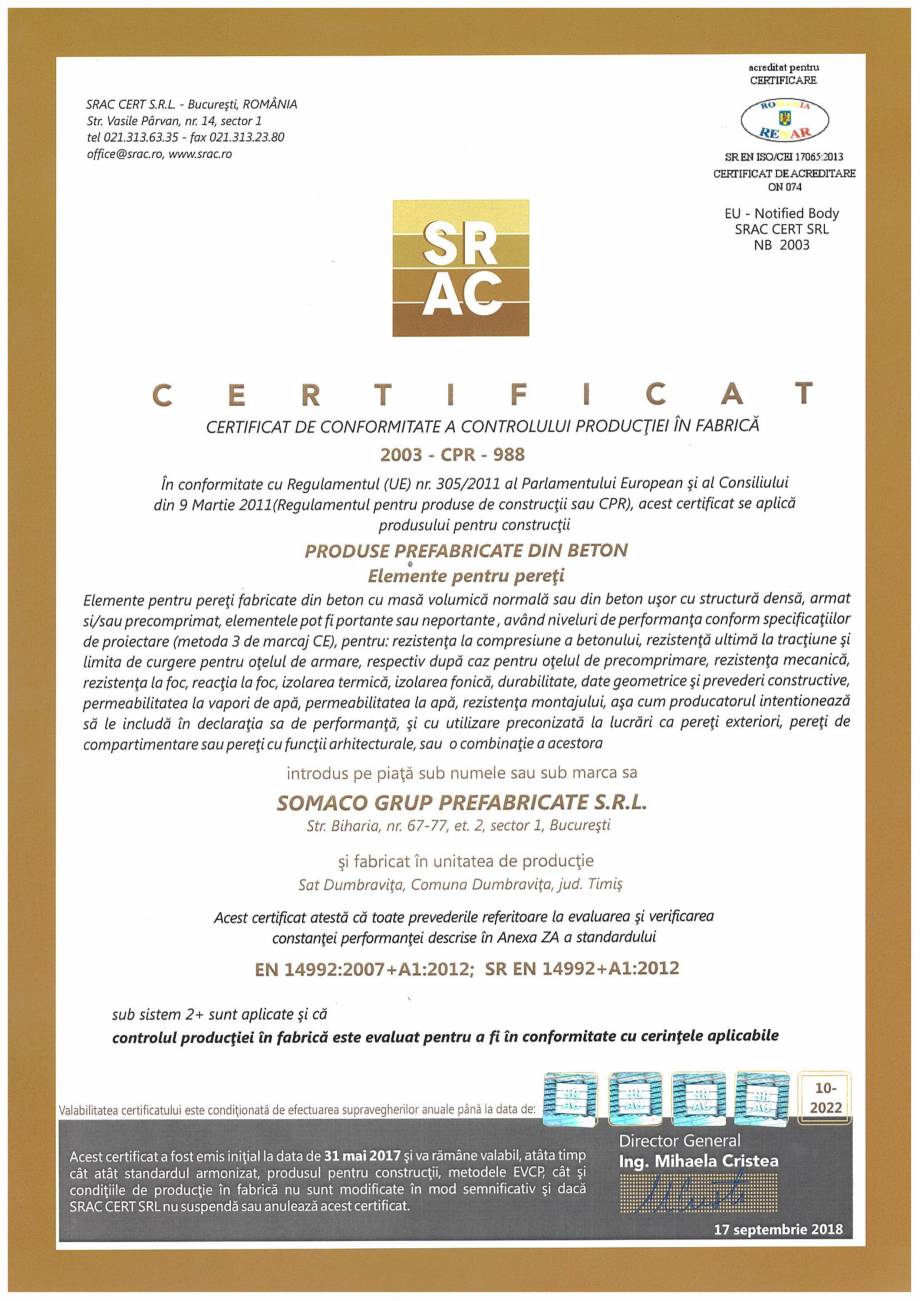 Pagina 1 - Elemente pentru pereti - Timisoara - Certificat CPF conform SR EN 14992+A1:2012 SOMACO...