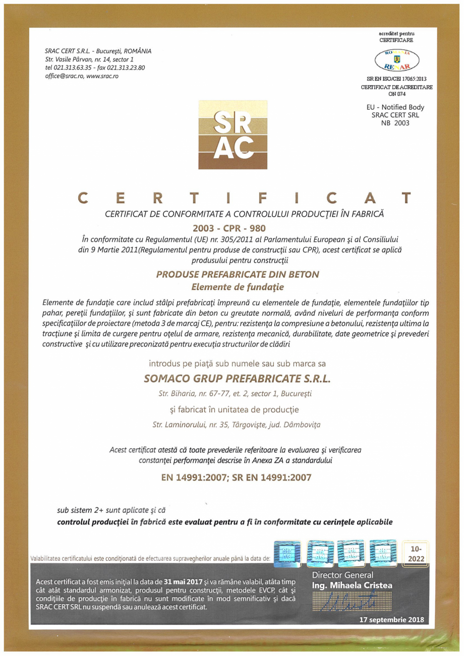 Pagina 1 - Elemente de fundatie prefabricate din beton - Targoviste - Certificat CPF conform SR EN...