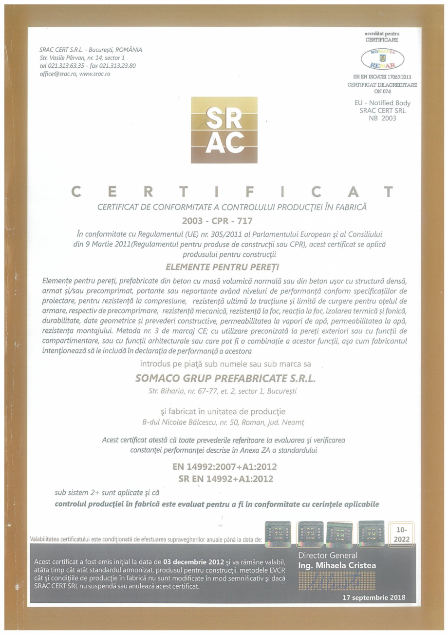 Pagina 1 - Elemente pentru pereti - Roman - Certificat CPF conform SR EN 14992+A1:2012 SOMACO...