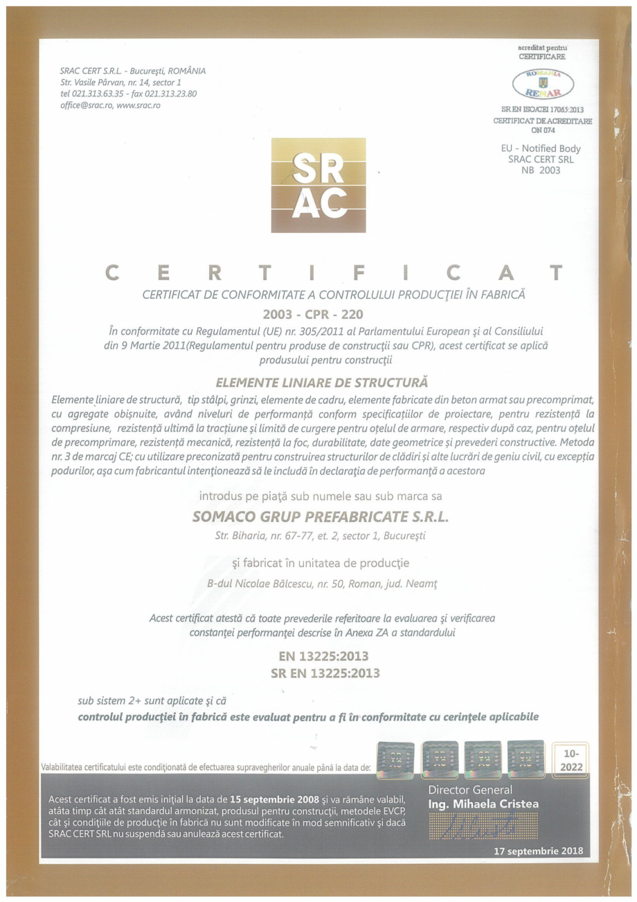 Pagina 1 - Elemente liniare de structura - Roman - Certificat CPF conform SR EN 13225:2013 SOMACO...