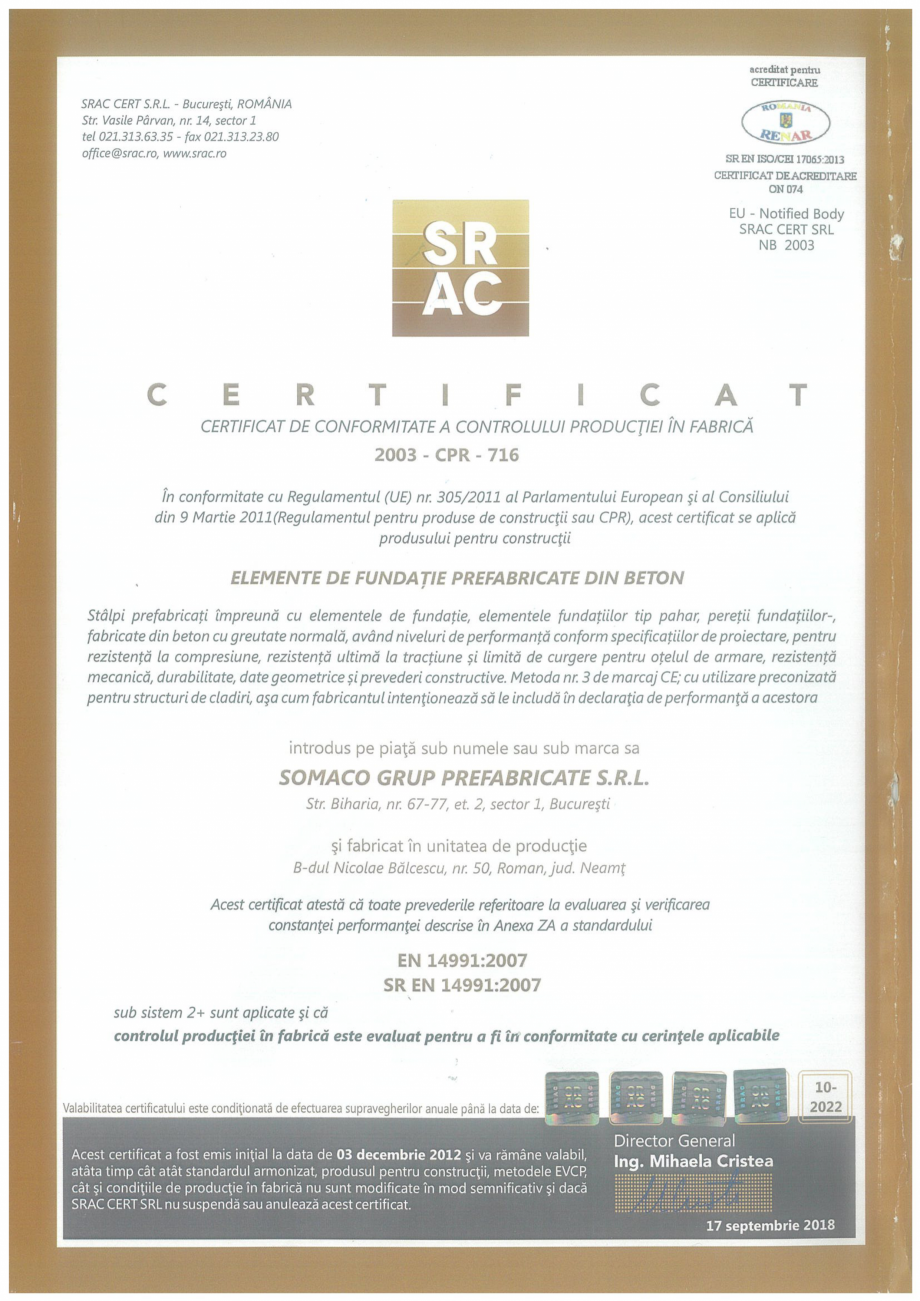 Pagina 1 - Elemente de fundatie prefabricate din beton - Roman - Certificat CPF conform SR EN...