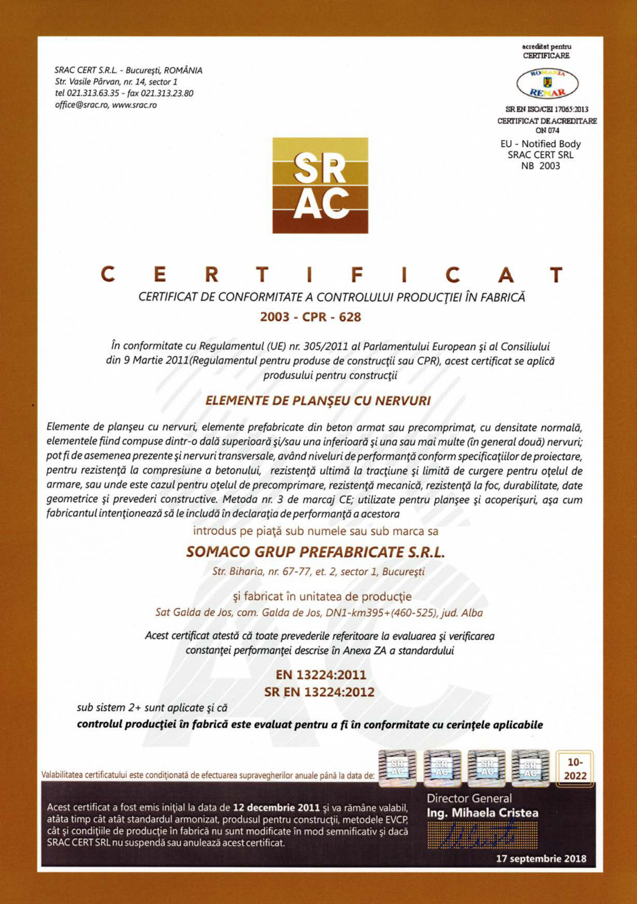Pagina 1 - Elemente de planseu cu nervuri - Teius - Certificat CPF conform SR EN 13224:2012 SOMACO...
