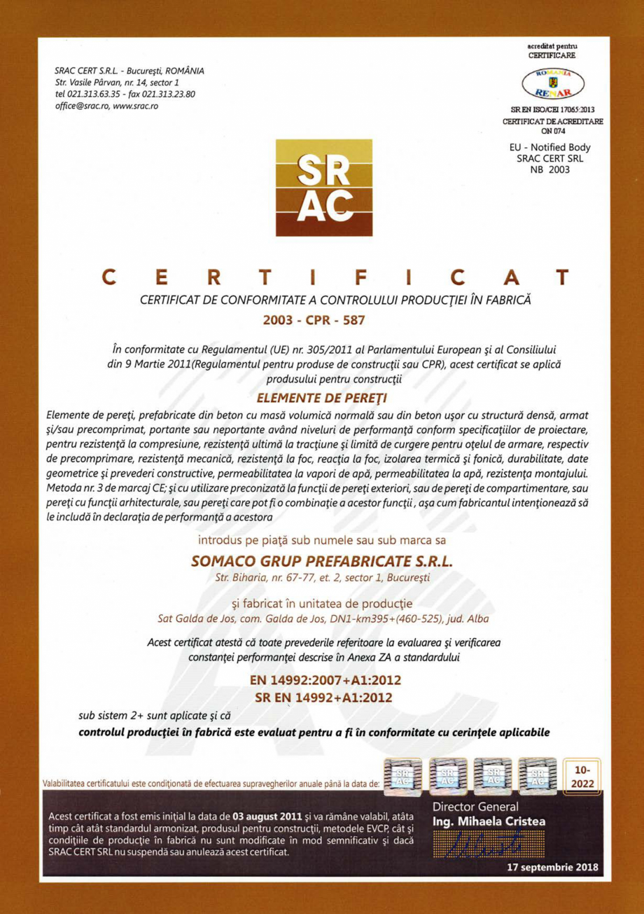 Pagina 1 - Elemente pentru pereti - Teius - Certificat CPF conform SR EN 14992+A1:2012 SOMACO...