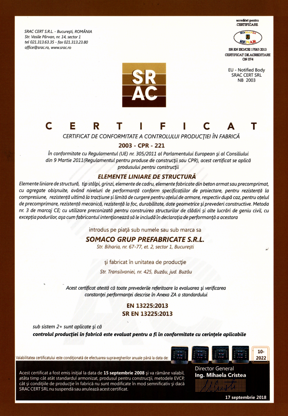 Pagina 1 - Elemente liniare de structura - Buzau - Certificat CPF conform SR EN 13225:2013 SOMACO...