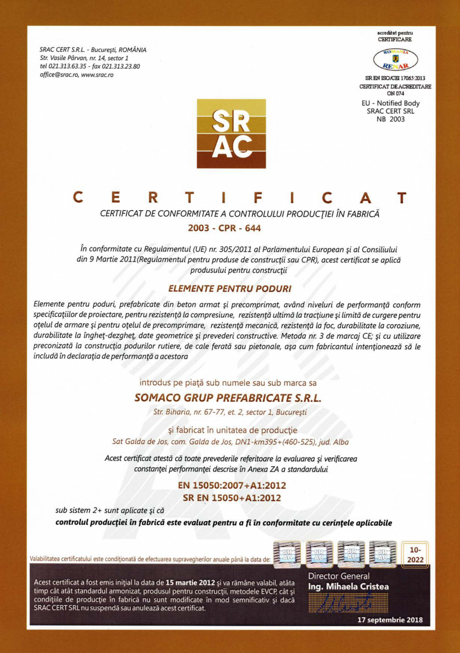 Pagina 1 - Elemente pentru poduri - Teius - Certificat CPF conform SR EN 15050+A1:2012 SOMACO...