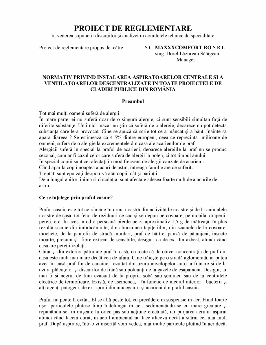 Pagina 1-PROIECT DE REGLEMENTARE - Normativ privind instalarea aspiratoarelor centralizate și a...