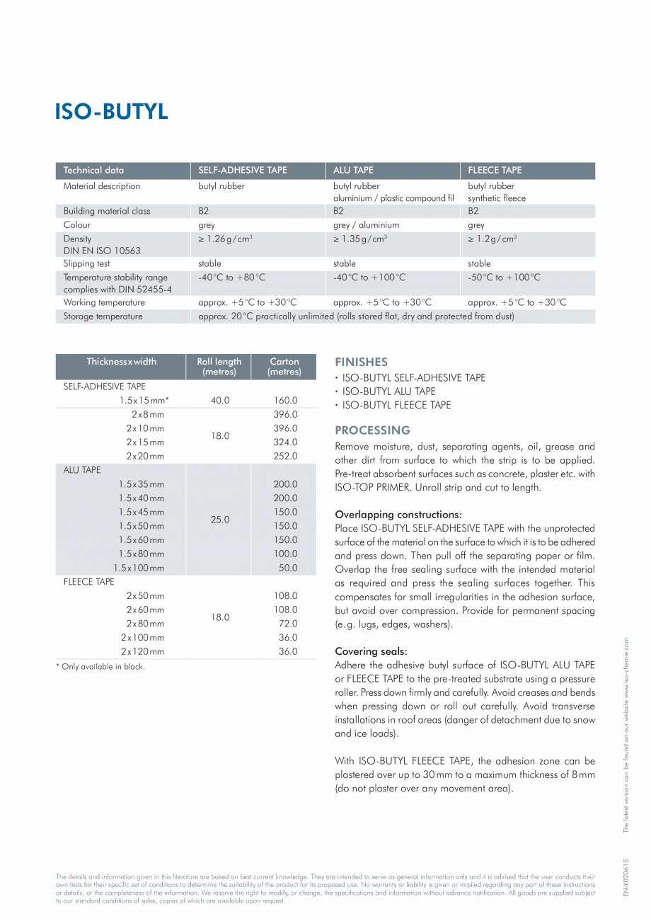 Pagina 2-Benzi pe baza de cauciuc ISO Chemie ISO-BUTYL Fisa tehnica Engleza insulation of glazing,...