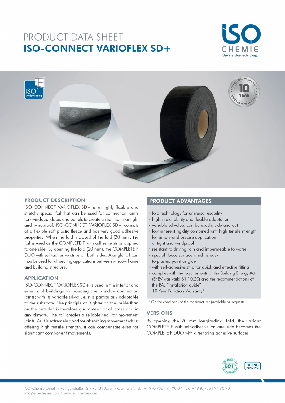 Pagina 1-Folie variabilă interior/exterior ISO Chemie ISO-CONNECT VARIOFLEX SD+ Fisa tehnica Engleza PRODUCT...
