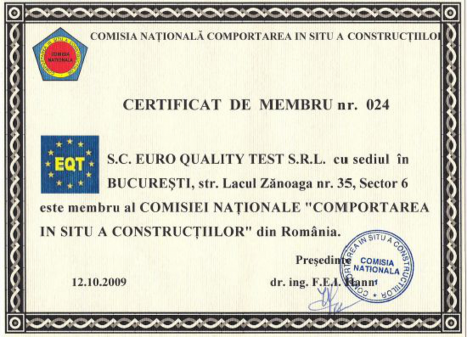 Pagina 1-Certificat de membru nr.024 EURO QUALITY TEST Certificare produs Romana 