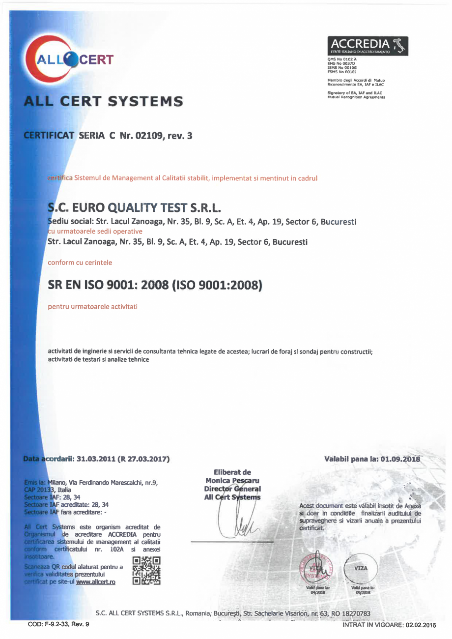 Pagina 1 - Certificat - Sistemul de Management al Calitatii EURO QUALITY TEST Certificare produs...