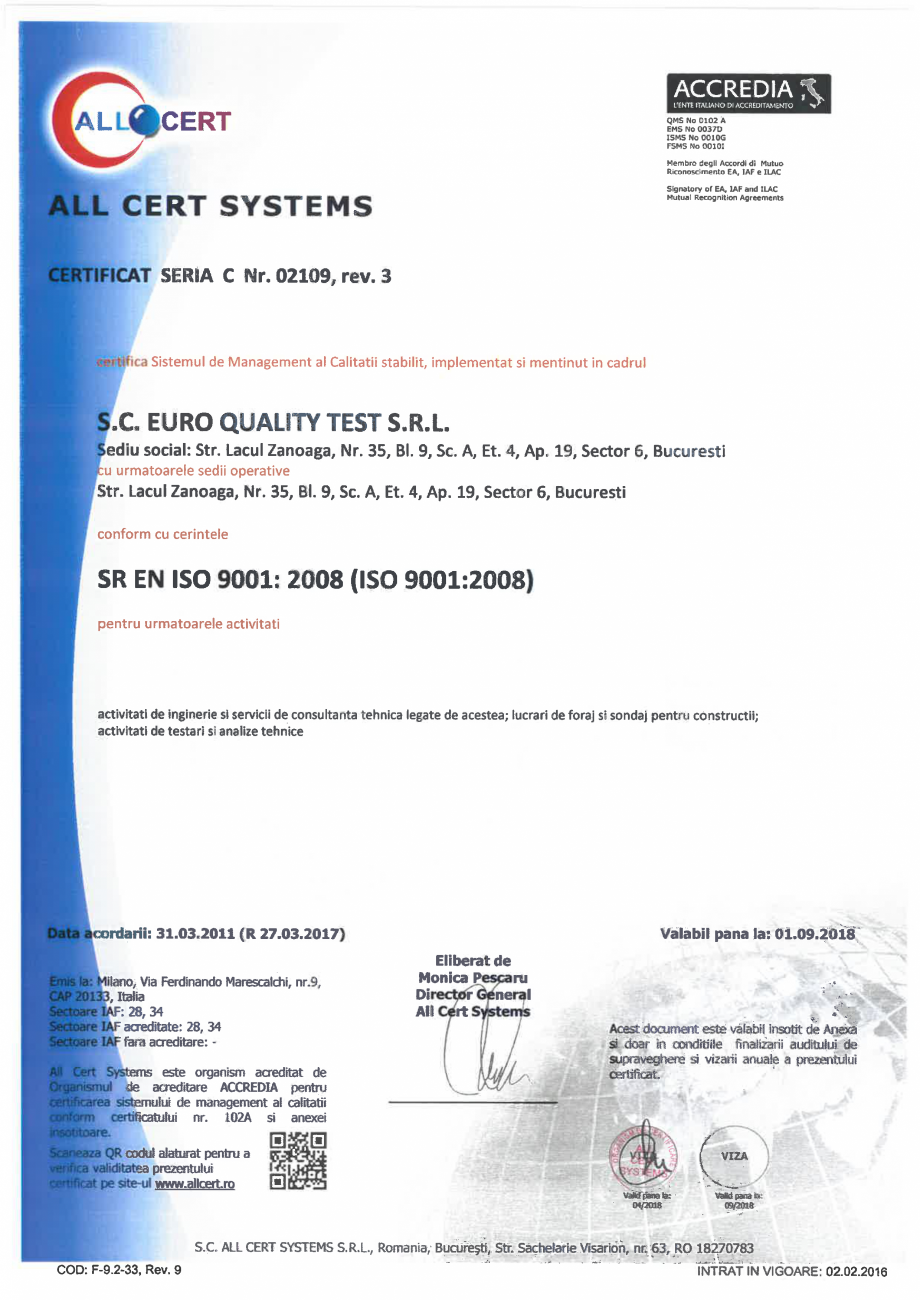 Pagina 1-Certificat - Sistemul de Management al Calitatii EURO QUALITY TEST Certificare produs Romana 
