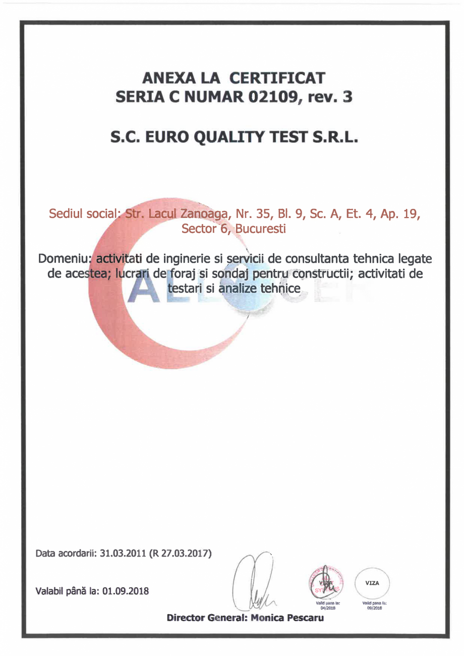 Pagina 2-Certificat - Sistemul de Management al Calitatii EURO QUALITY TEST Certificare produs Romana 